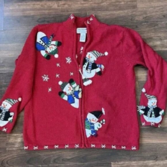 Tiara International Sweater Woman's Size‎ Small Red Full Zip Snow Men Vintage - Picture 1 of 9